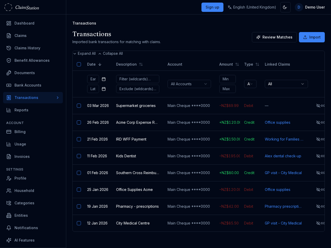 ClaimStation transactions view